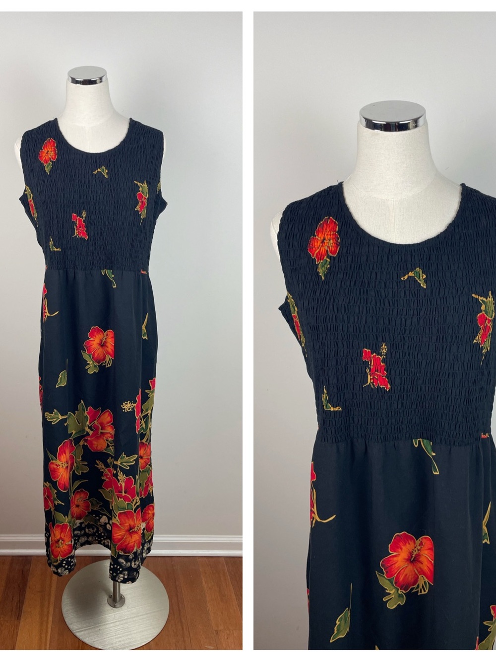 Coldwater Creek Black Orange Floral Smocked Maxi Dress Women Size 10
